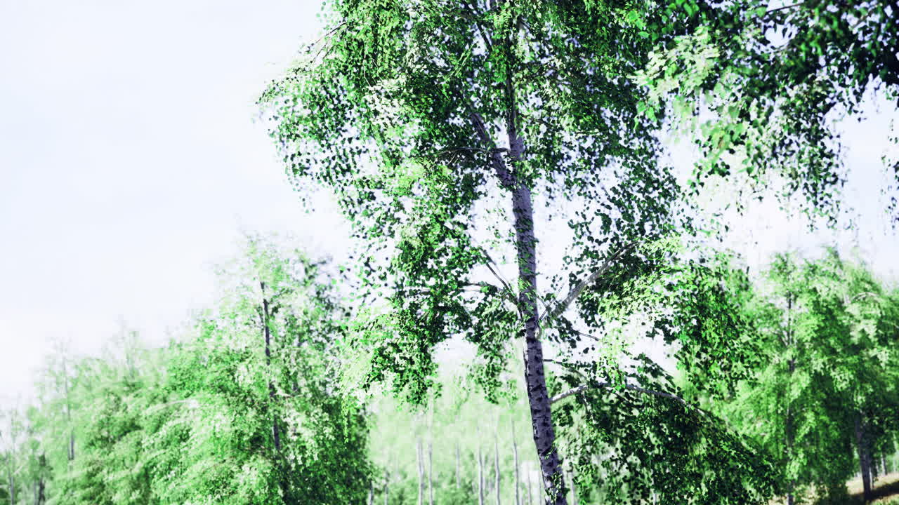 Lush green trees sway gently in a sunlit forest under a clear sky