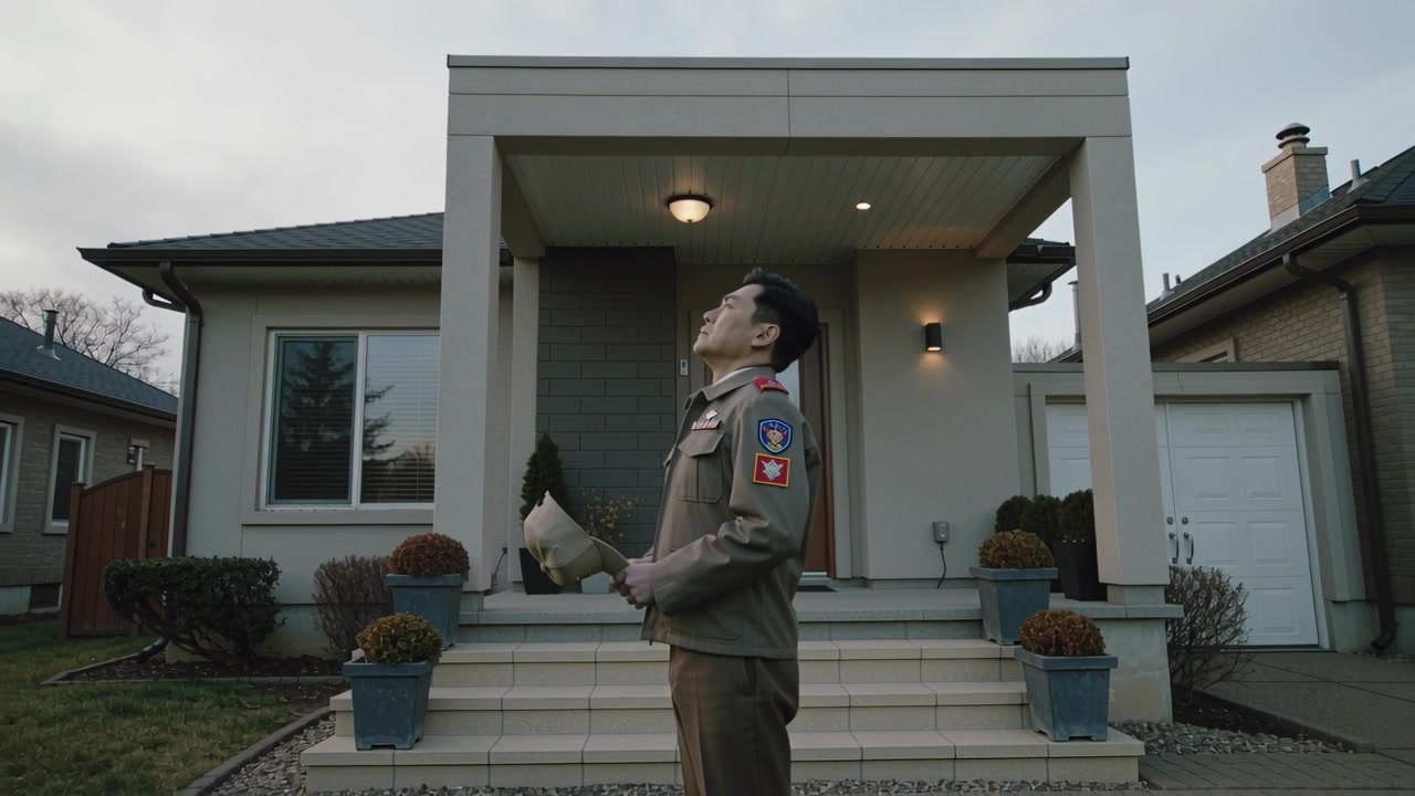 Touching brim, khaki uniformed man removing cap on porch steps, wearing medals and paying respect