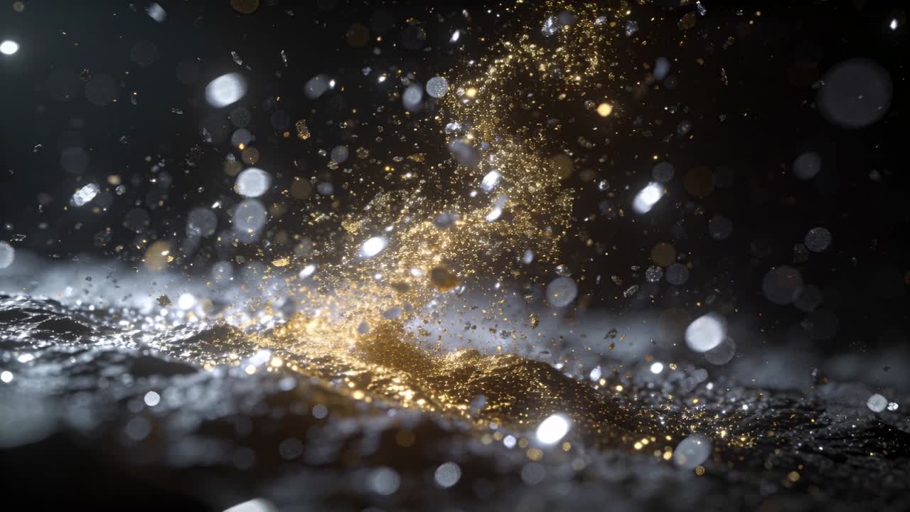Colonna d'oro a spirale che si eleva da una superficie scura e ruvida sotto le luci dello studio, formando bokeh