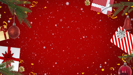 animation of snowflakes and frame with christmas presents over red background