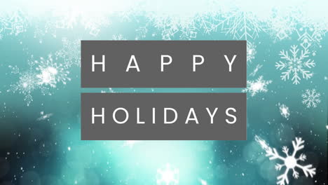 Animation-of-happy-holidays-text-over-glowing-spots-of-light-and-snowflakes-against-blue-background