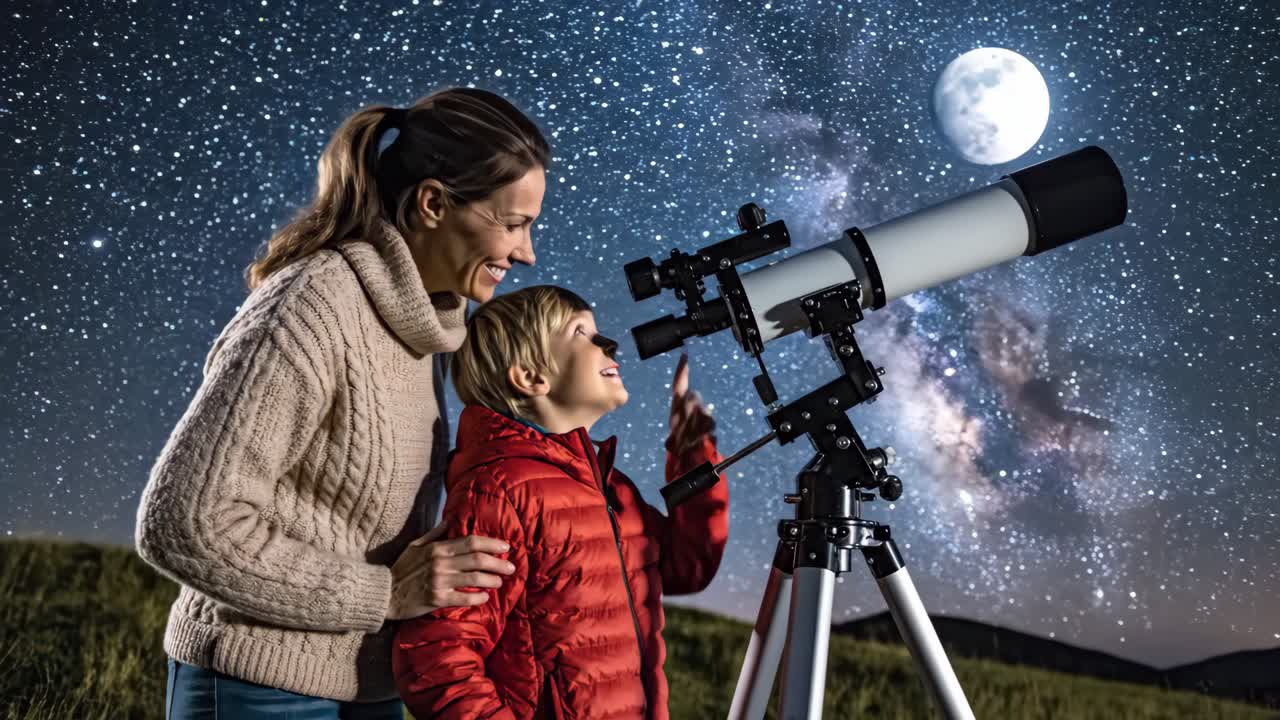 Madre e figlio che osservano le stelle con il telescopio sotto un bellissimo cielo notturno