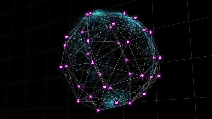 Animazione di un globo di connessioni con icone su sfondo nero.