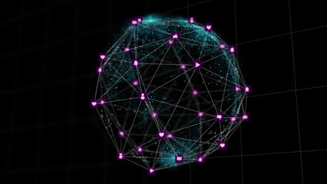 animation of globe of connections with icons on black background