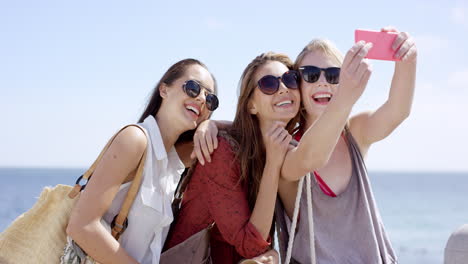 teenage girls taking selfie at beach on summer vacation