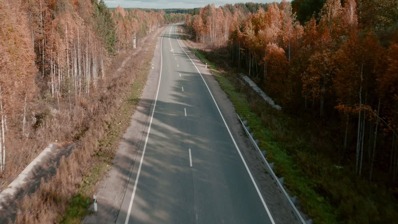 Dronové záběry dlouhé prázdné asfaltové silnice protínající barevný podzimní les v Uralských horách, Rusko, s břízami a borovicemi a jasným denním světlem