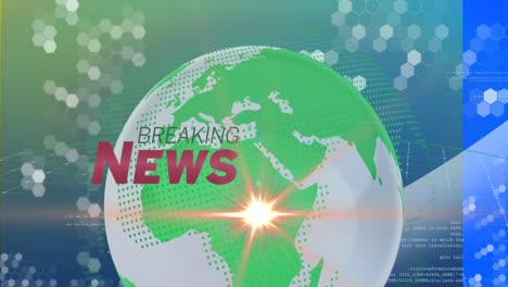 animation of light trails and globe with breaking news text over blue background