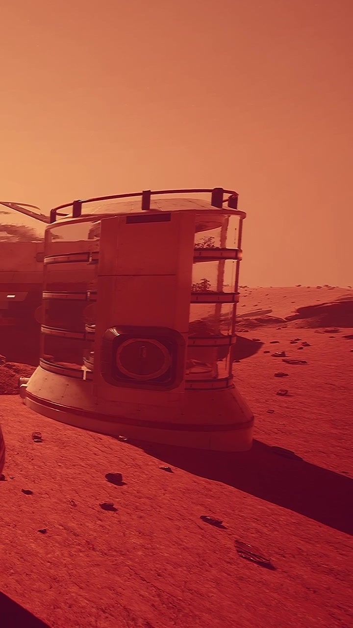 Mars-asuinrakenne punaisen planeetan pinnalla auringonlaskun aikaan