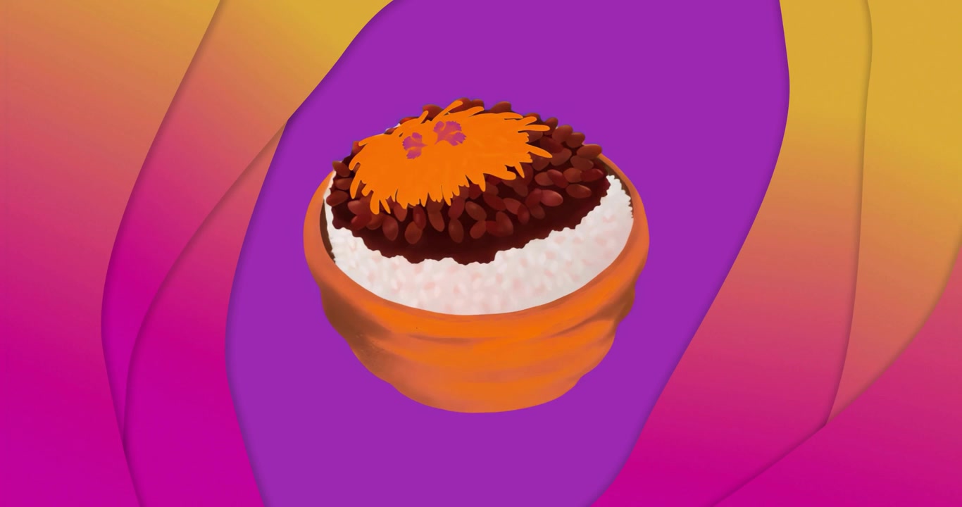 Ao iniciar, tigela laranja com arroz, feijão e guarnição girando para a direita e depois invertendo para exibir o design