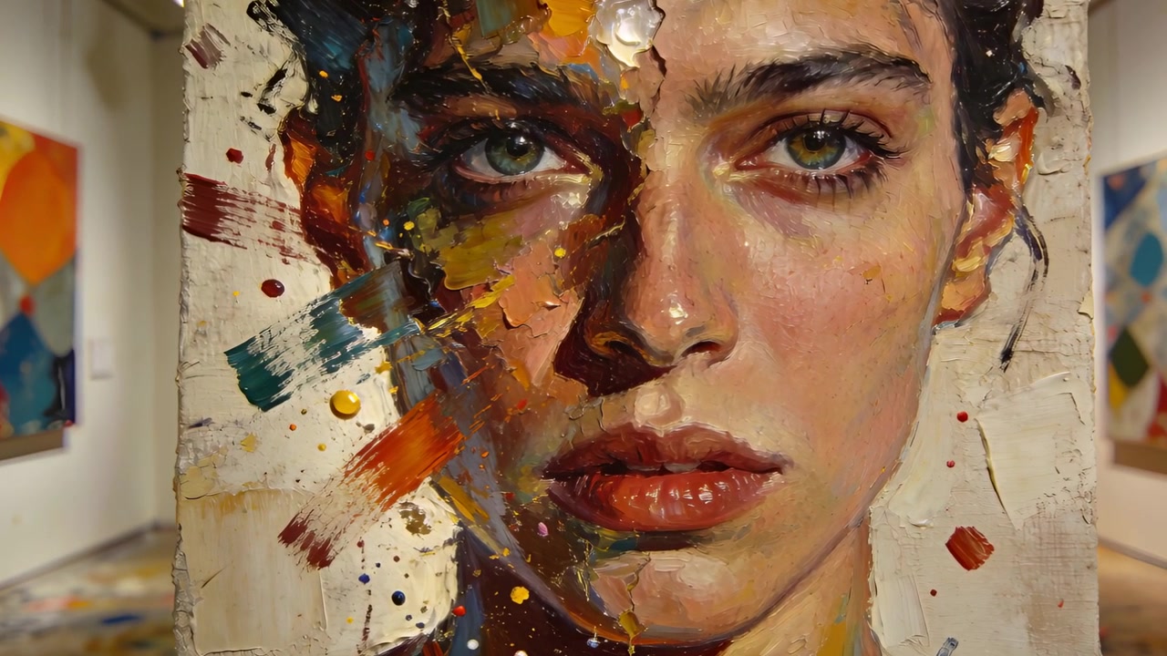 Câmera com zoom se aproximando de uma grande tela de retrato em galeria de arte, revelando a textura impasto.