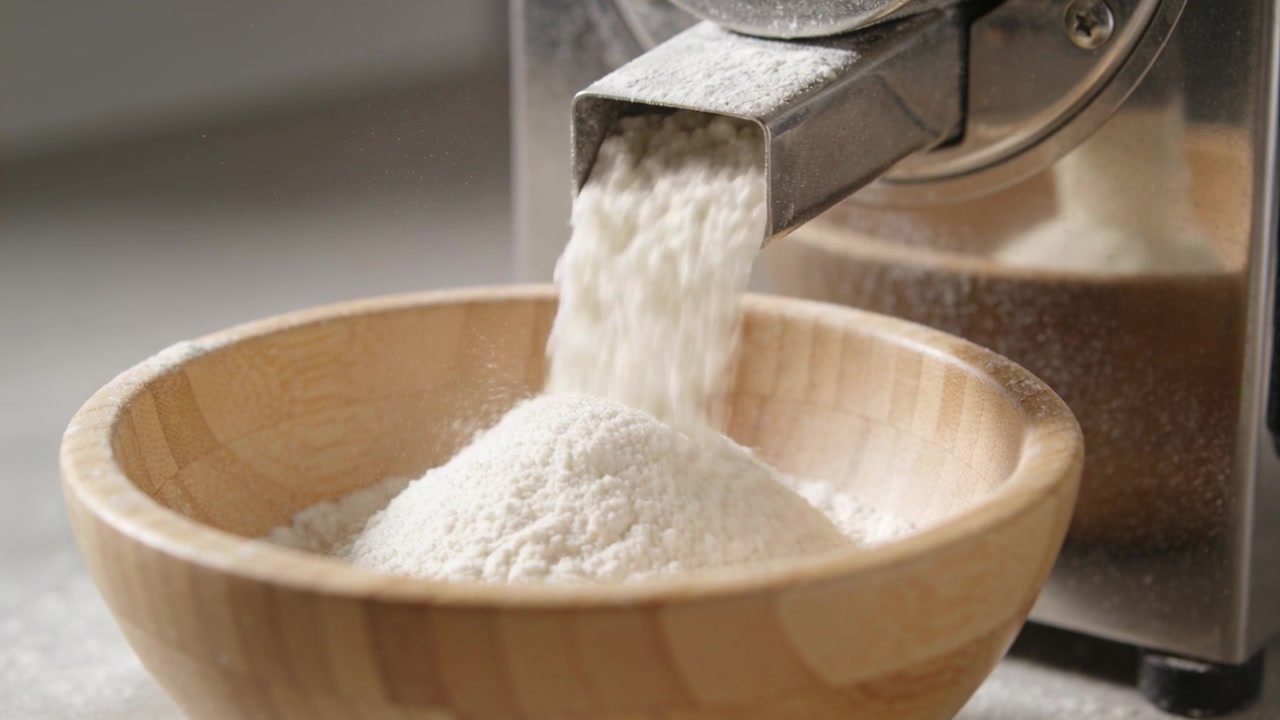 Mulai menuang dari corong dispenser logam, mengisi mangkuk kayu di meja dapur, membentuk gundukan.