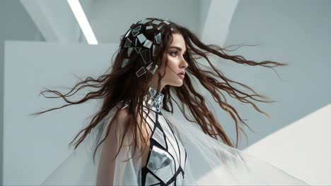 a futuristic fashion portrait of a model with flowing hair and an innovative metallic headpiece captured in an artistic and minimalist setting