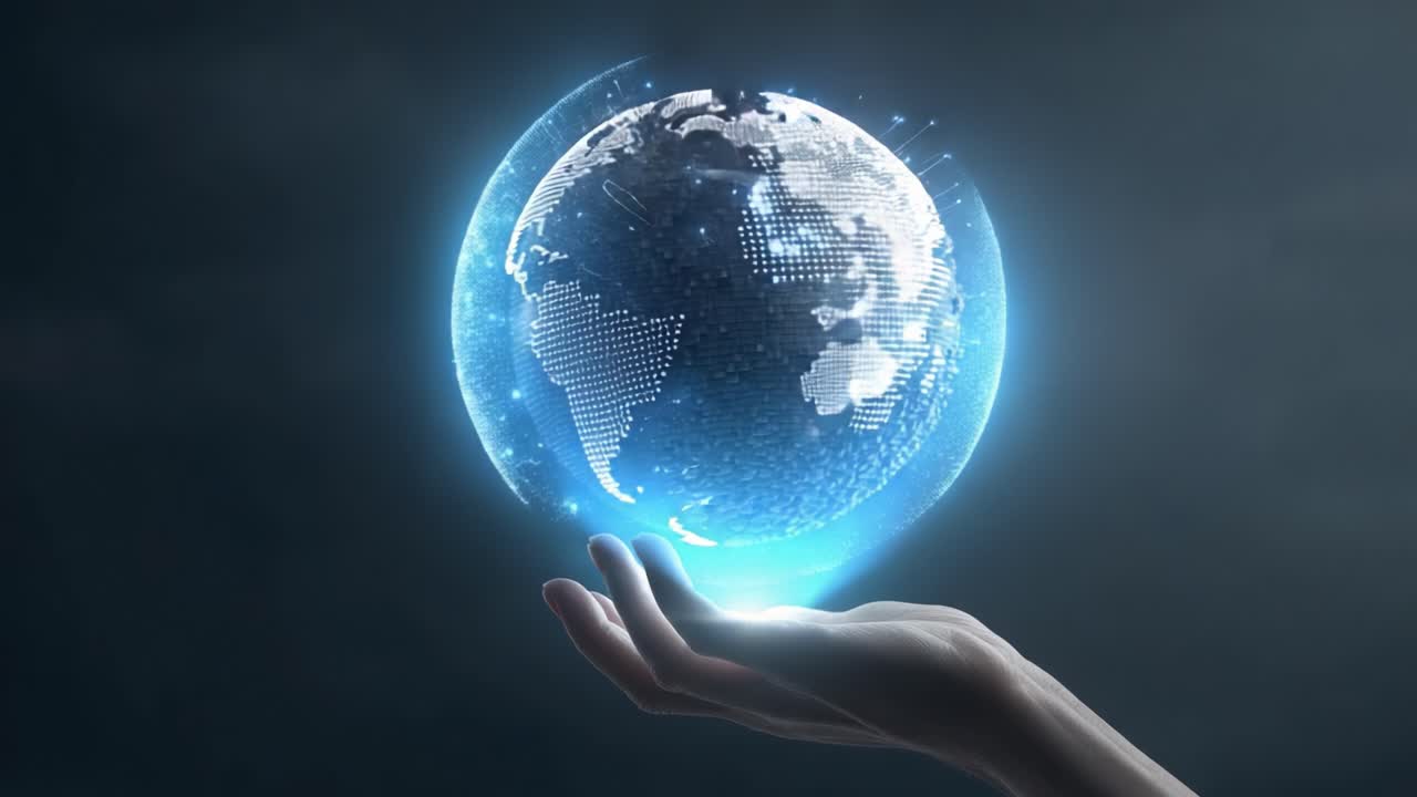 A Captivating Transformation of a Digital Globe: From a Data-Driven Texture to a Radiant, Luminescent Representation in the Palm of a Hand