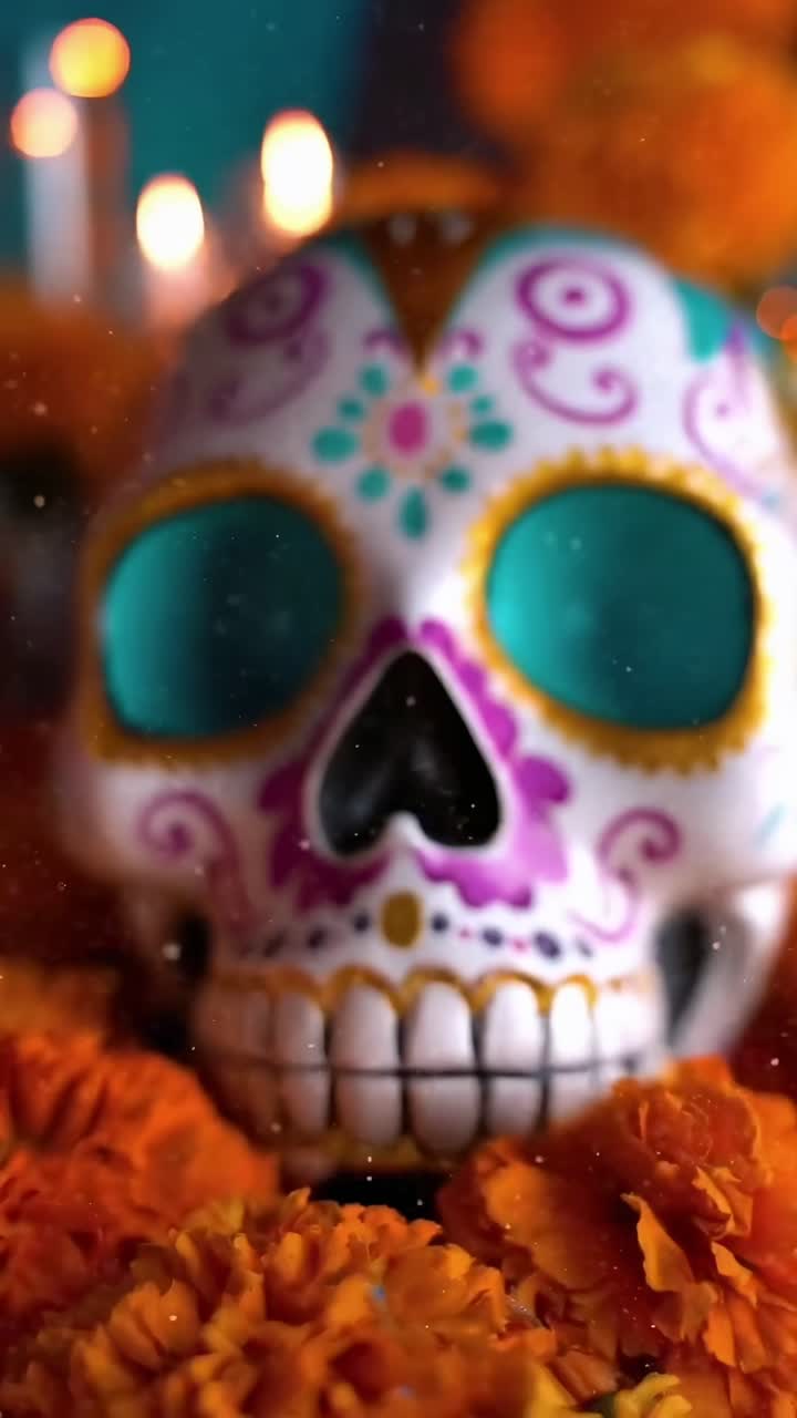 Teschio vibrante del Giorno dei Morti tra tageti, ripreso da vicino, angolazione perfetta per video, Live