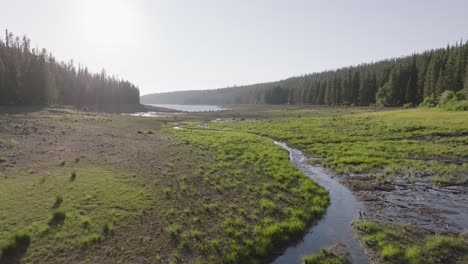 aerial pullback over meandering water river of grassy lake reservoir, wyoming, with surrounding green forests, calm waters, and mountains in the background