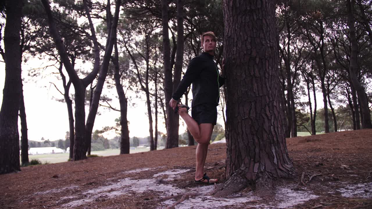 Man stretching with Pine Tree Forest Surrounding Him