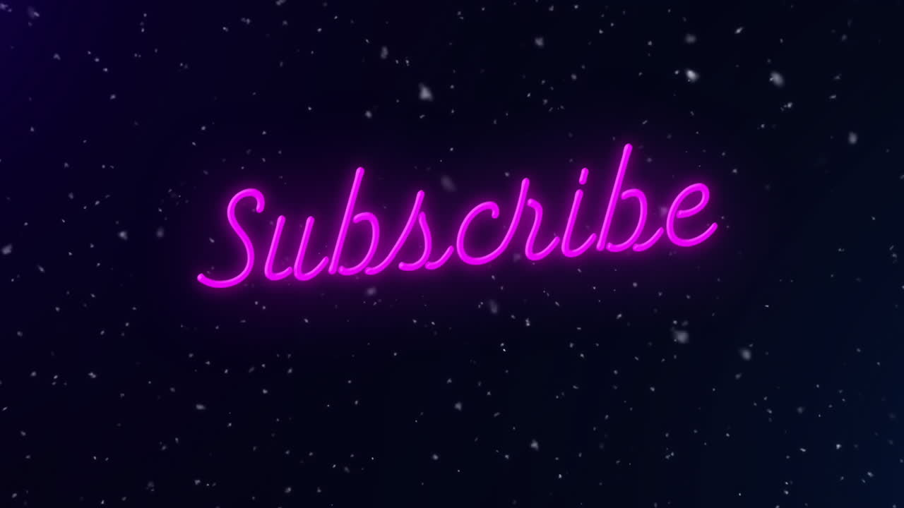 Glowing pink Subscribe animation with falling snowflakes on dark background