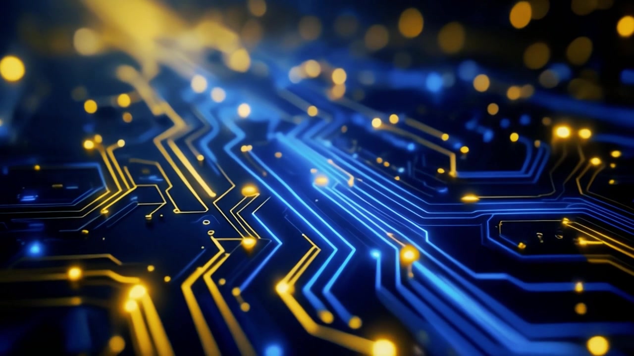 Abstract Digital Circuit Board with Glowing Data Flow