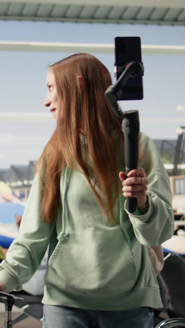 Vertical Video Happy girl vlogger recording travel vlog on smartphone with tripod