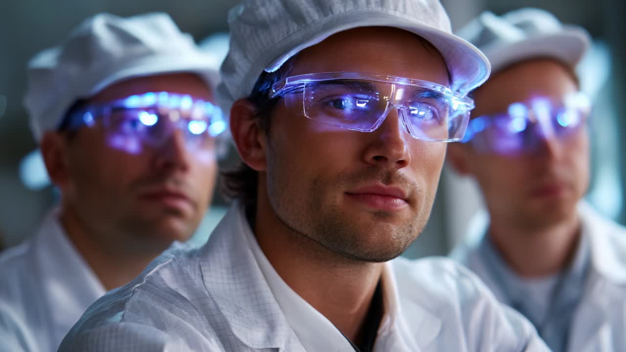 Focused Team of Professionals in Protective Gear with Illuminated Safety Glasses Engaged in Important Tasks in a High-Tech Environment, Showcasing Teamwork and Determination in Their Work