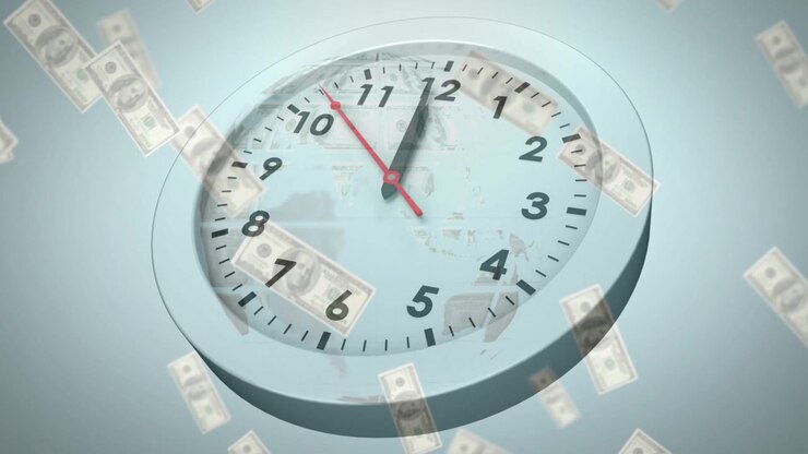 On red second hand sweep, analog wall clock rotating while dollar bills drifting revealing time