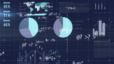 Animation of statistics and data processing on black background
