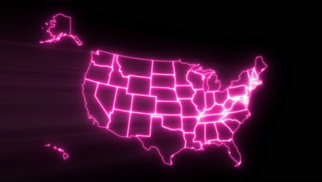 un mapa detallado de los estados unidos de américa, incluidos alaska y hawai, que aparece con una luz láser de neón y un resplandor direccional