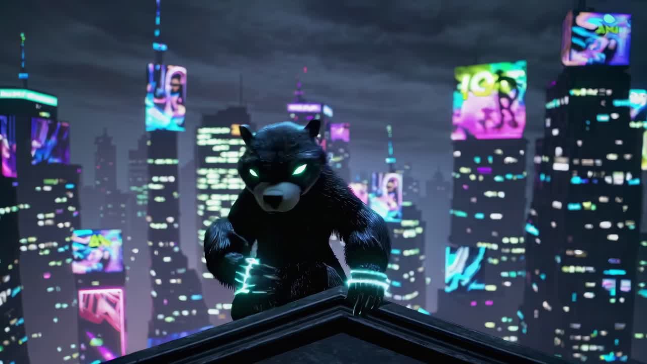 A Cute Bear in a Cyberpunk City