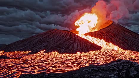 erupting volcano with lava flow