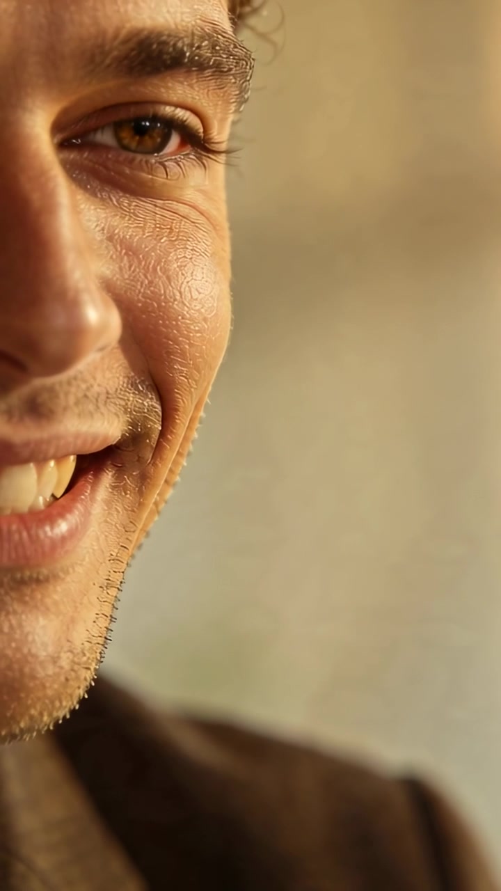 Vertical video: Smiling man left widening grin on offscreen cue in warm set, dark coat, copy space