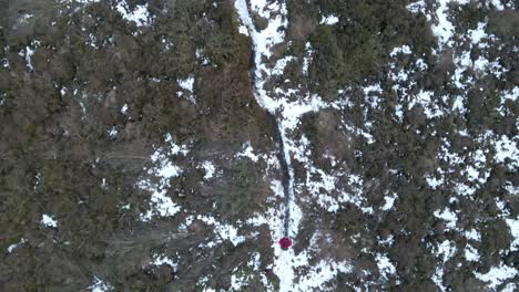 An overhead drone shot following a man walking through a frozen wilderness.