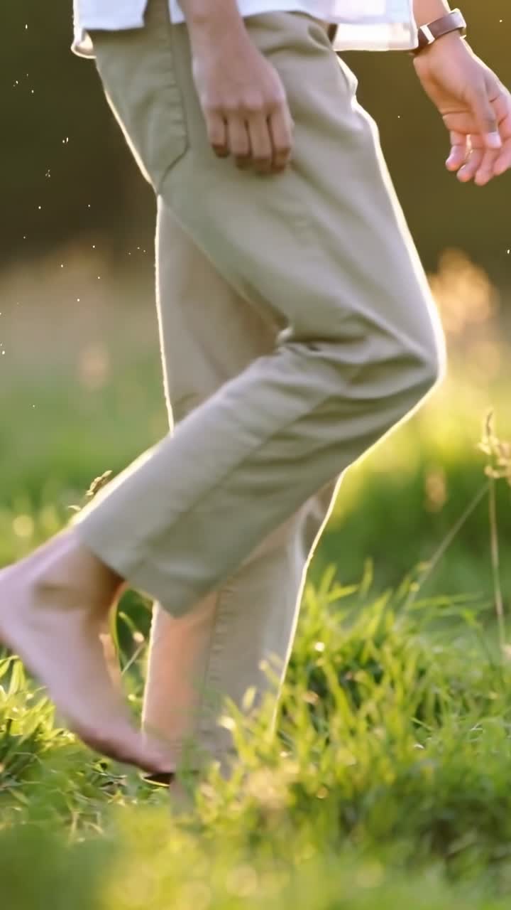 Vertical video: Stepping with left leg, man walking through field barefoot, khaki pants, copy space