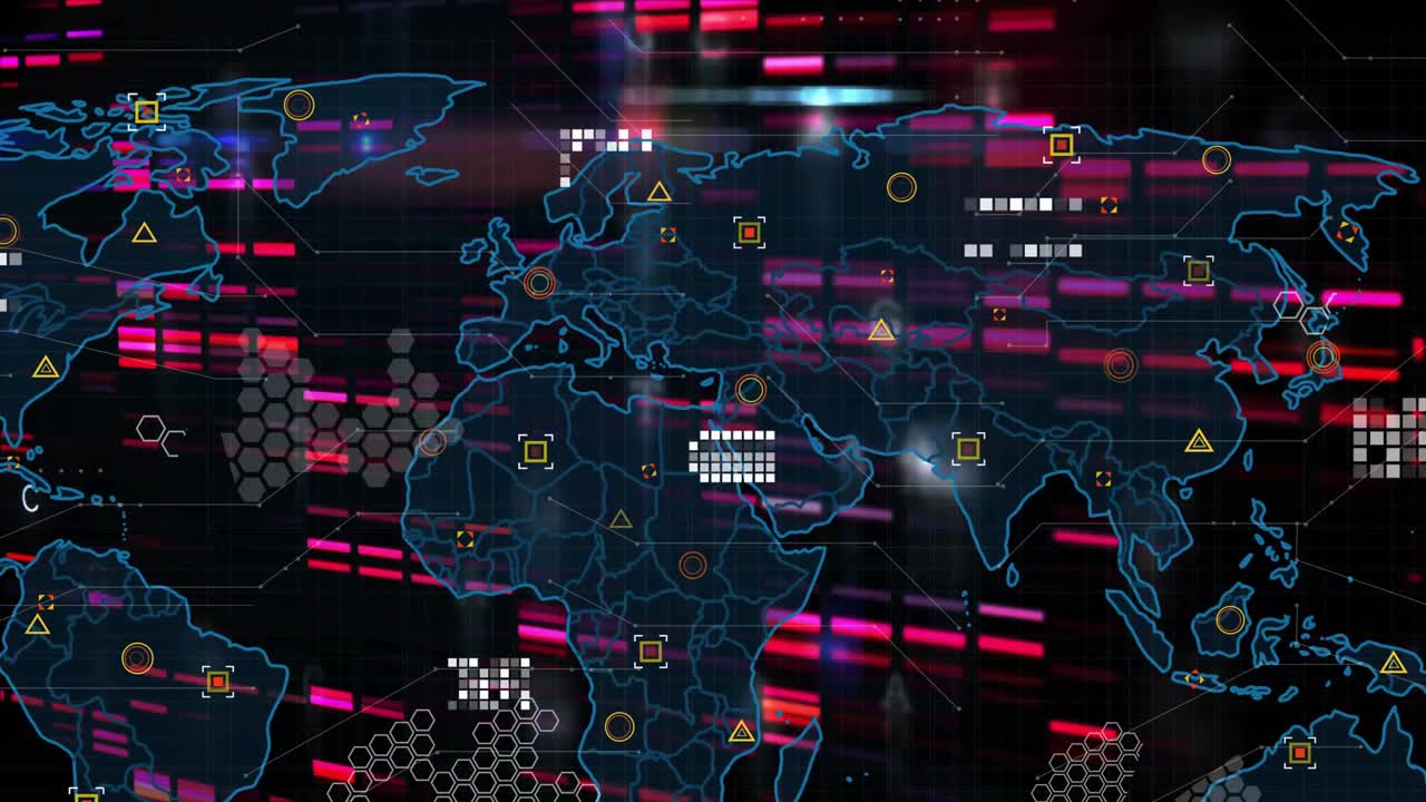 Stylized world map expanding and revealing streaming data overlays as magenta bars initiating sweep