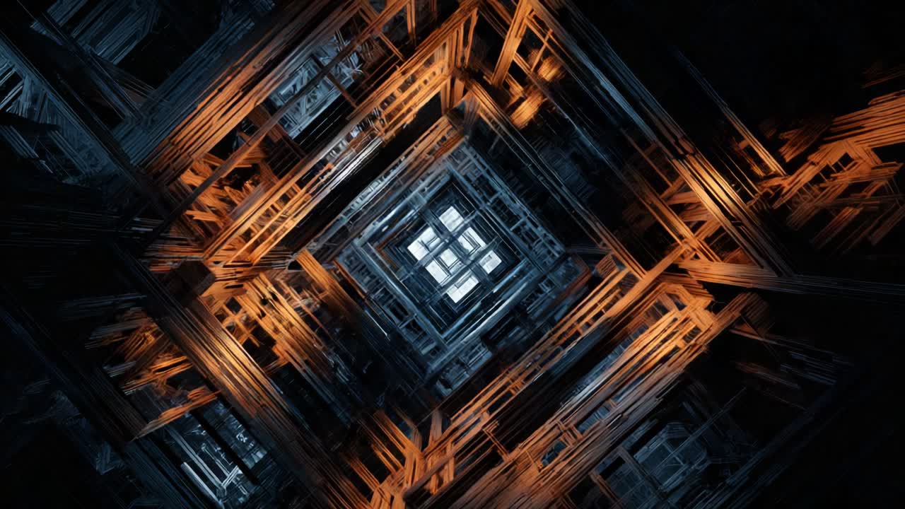 A Mesmerizing Journey Through an Intricate Abstract Structure: Exploring the Depths of a Complex Geometric Design Featuring Layers of Light and Shadow