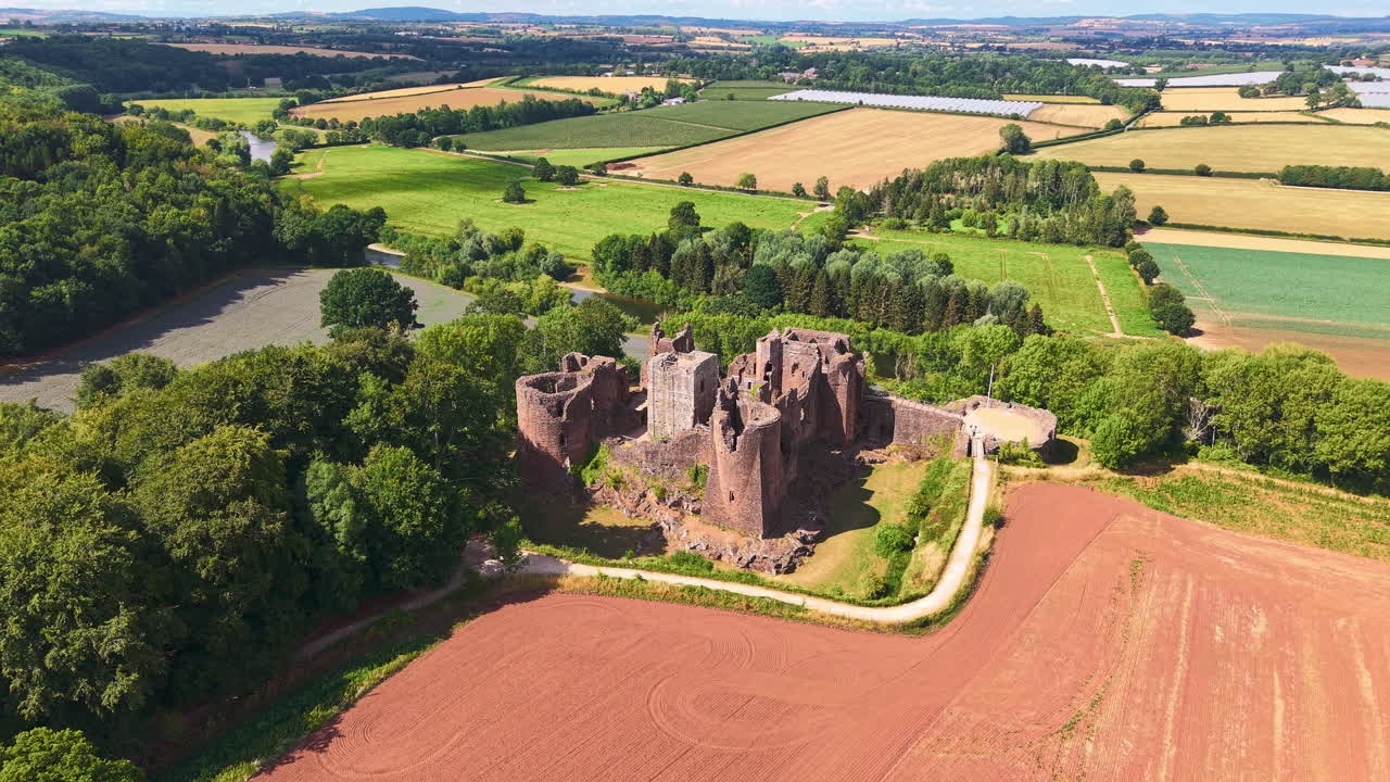 Drone footage orbiting the medieval ruins of Goodrich Castle in the Wye Valley