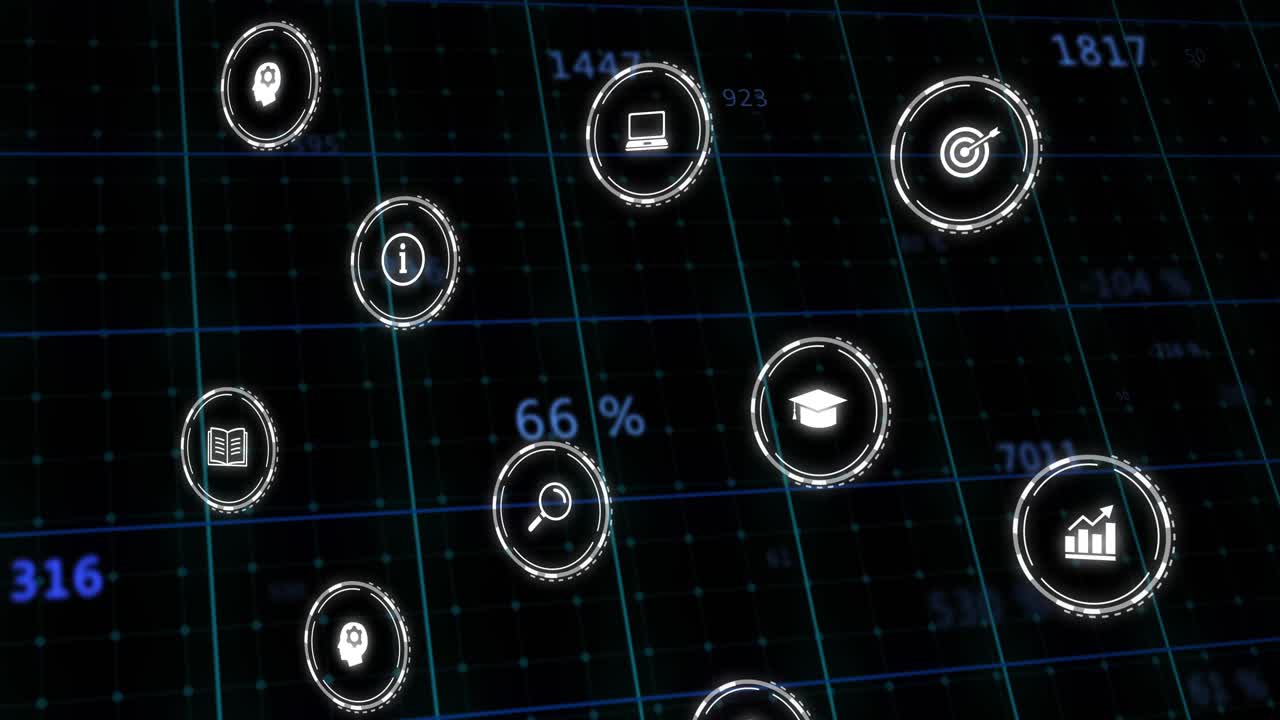 Cluster of circular icons moving across teal grid as blue readouts updating, forming data field
