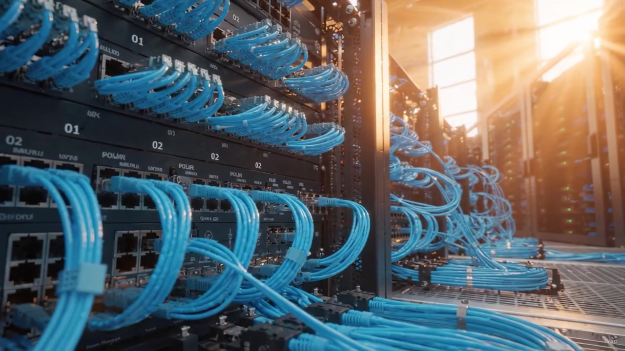 Exploring a Modern Data Center: A Glimpse into Connectivity, Networking Equipment, and the Complex Wiring of Server Infrastructure in a Bright Environment