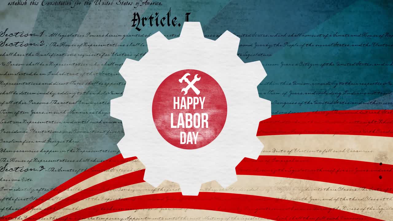 Animation of happy labour day text over constitution text and american flag
