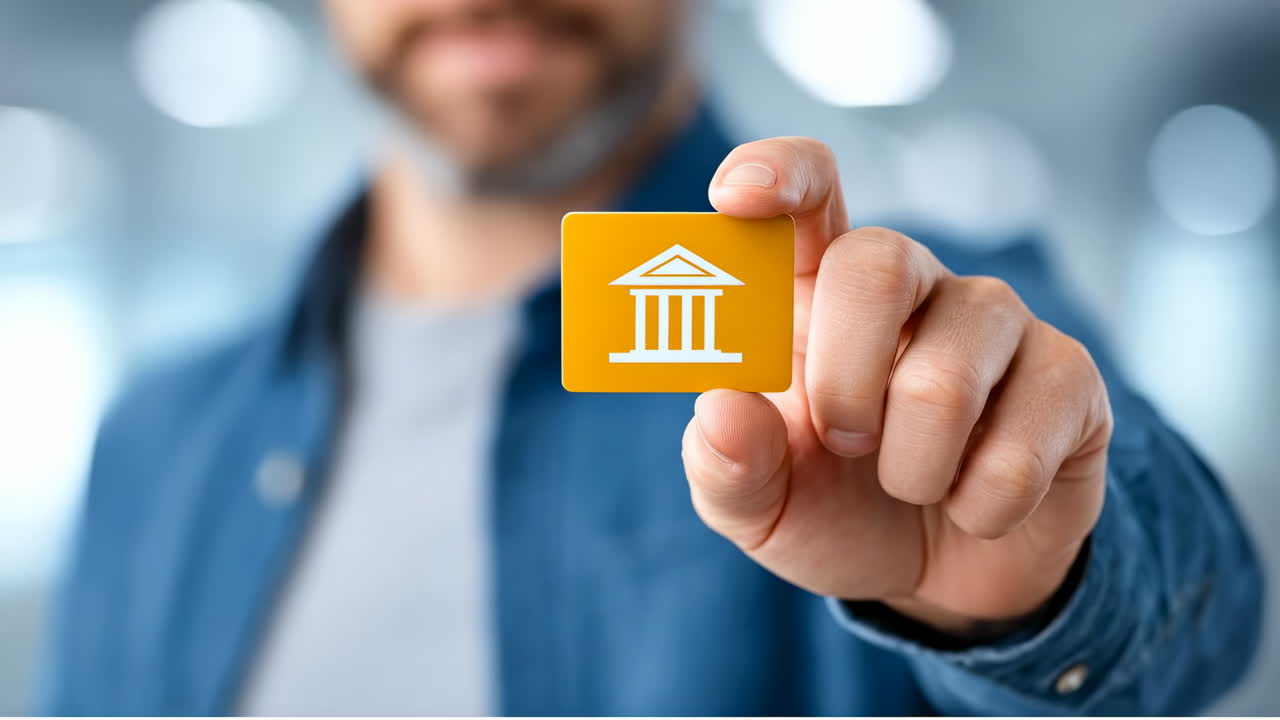 Holding a yellow token with a symbol. A man shows a yellow token featuring a building symbol in a modern indoor setting, likely discussing its purpose