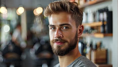 portrait of a young man with a beard in a cafe setting