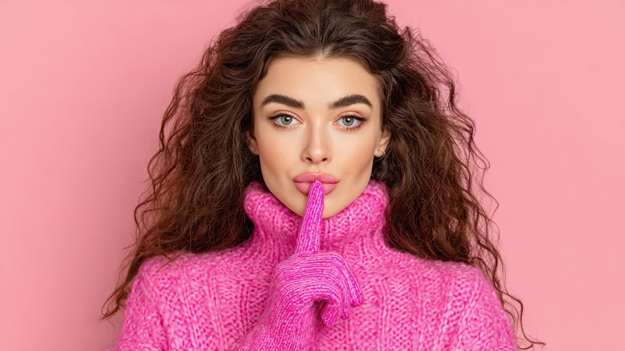 A Stylish Model Poses with a Playful Expression in a Cozy Pink Sweater and Matching Gloves, Set Against a Soft Pink Background