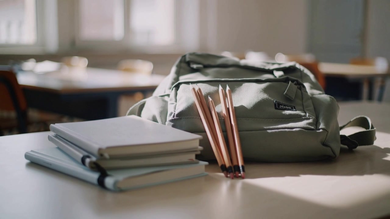Shifting camera focusing on grey backpack, notebooks and pencils at school desk to emphasize items