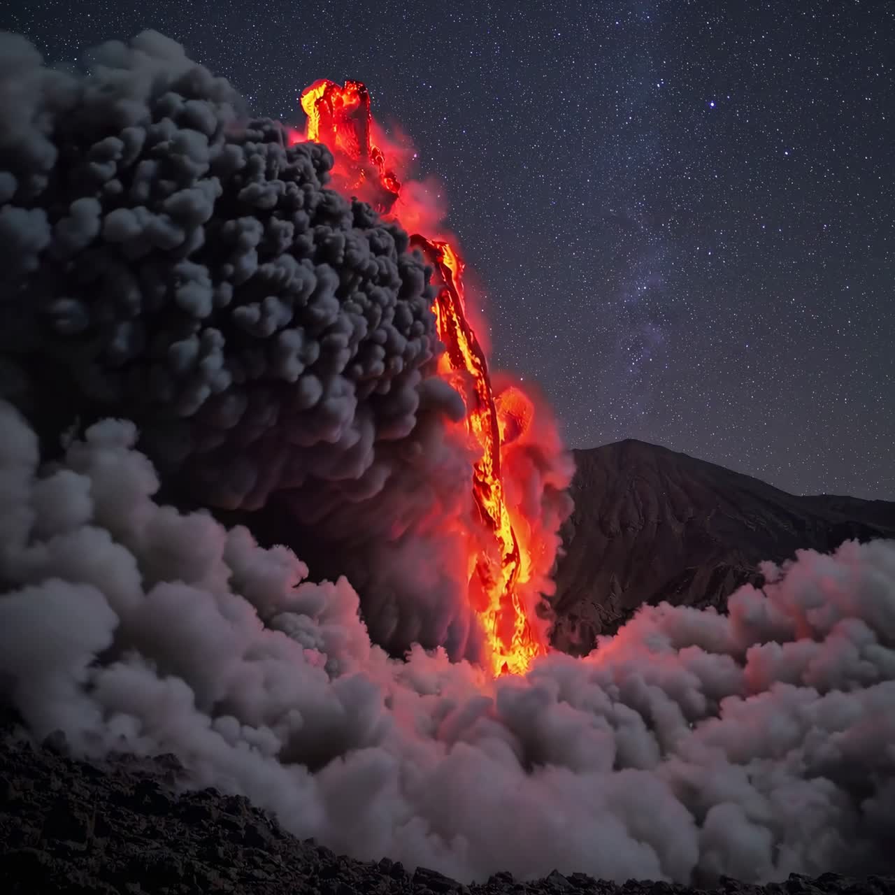 Dramatic low-angle shot of a volcanic eruption at night, with glowing lava and billowing smoke