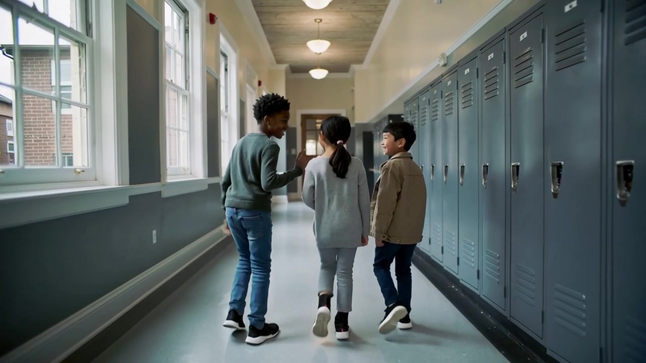 Bambini che camminano, si spostano a sinistra gesticolando a destra, dando un'occhiata e dirigendosi verso l'ingresso della scuola, oltre gli armadietti e le finestre.