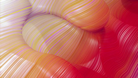 beautiful abstract background of waves on surface, red yellow color gradients, extruded lines as striped fabric surface with folds or waves on liquid. 4k loop.