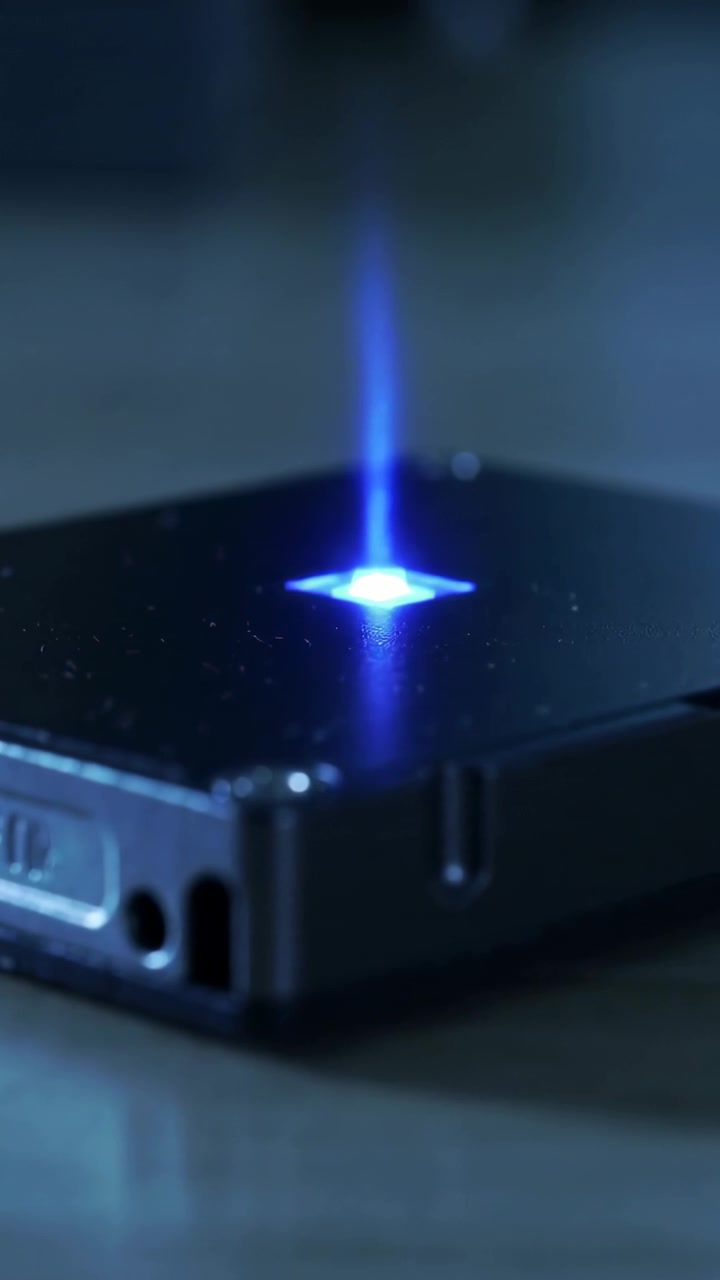 Video verticale: Dispositivo nero che illumina un quadrato blu e proietta una colonna sottile su un tavolo, mostrando l'alimentazione