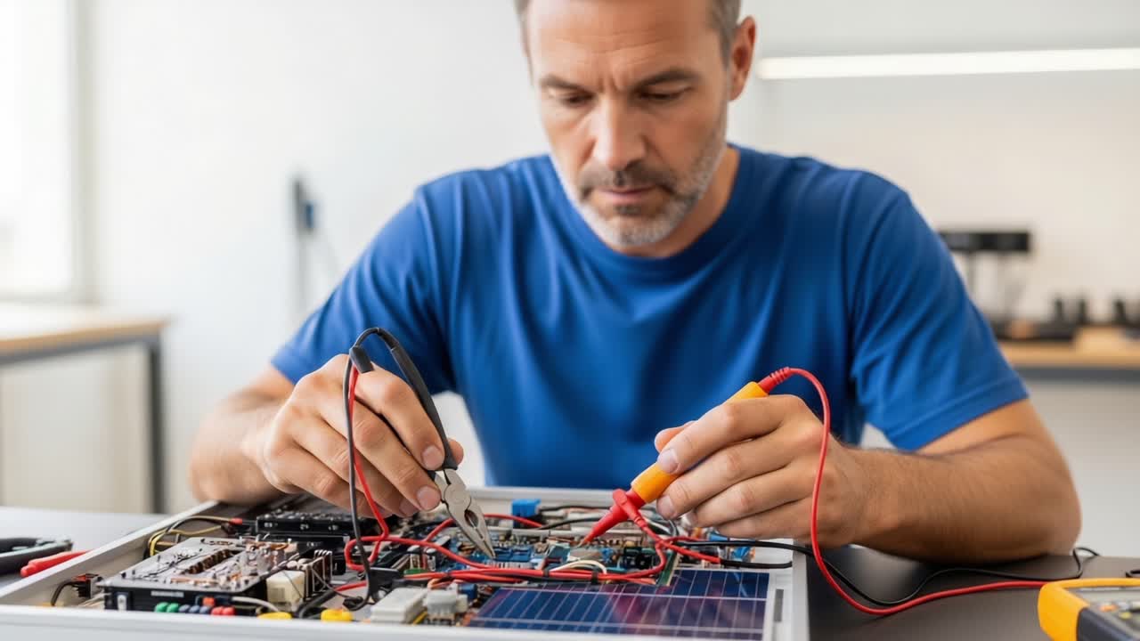 Skilled Technician Engaged in Precision Electronic Testing and Circuit Assembly Using Measurement Tools and Equipment for Advanced Engineering Projects