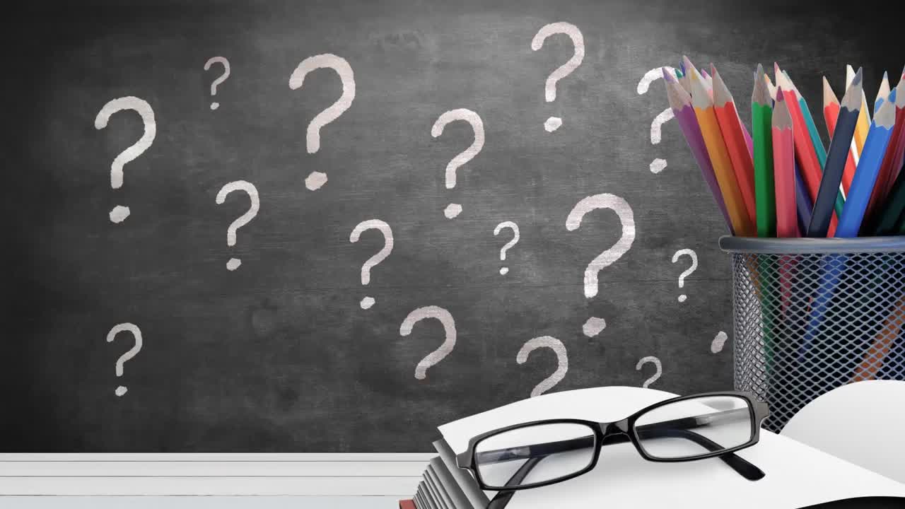 Animation of book with glasses and pencils over questions marks on blackboard