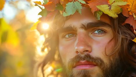 a man with a wreath of leaves on his head