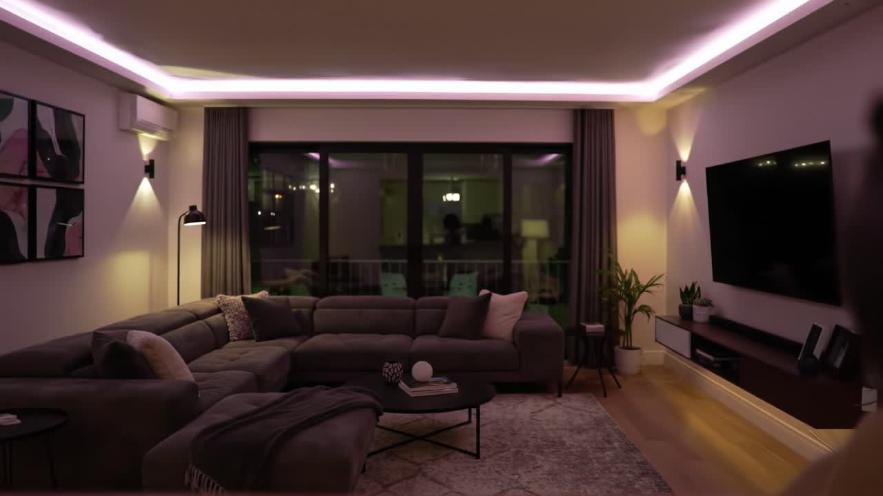 A Modern Living Room Transitions from Warm Purple Lighting to Cool Blue Ambiance, Showcasing Contemporary Design and Cozy Atmosphere Perfect for Relaxation